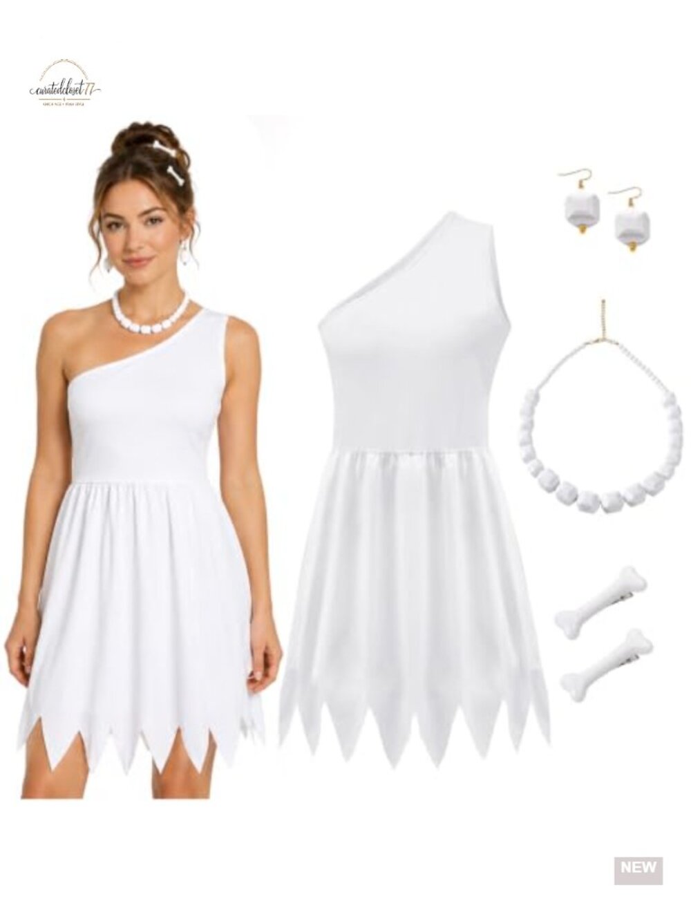 Women's One Shoulder White Cavewoman Costume Set with Accessories Halloween